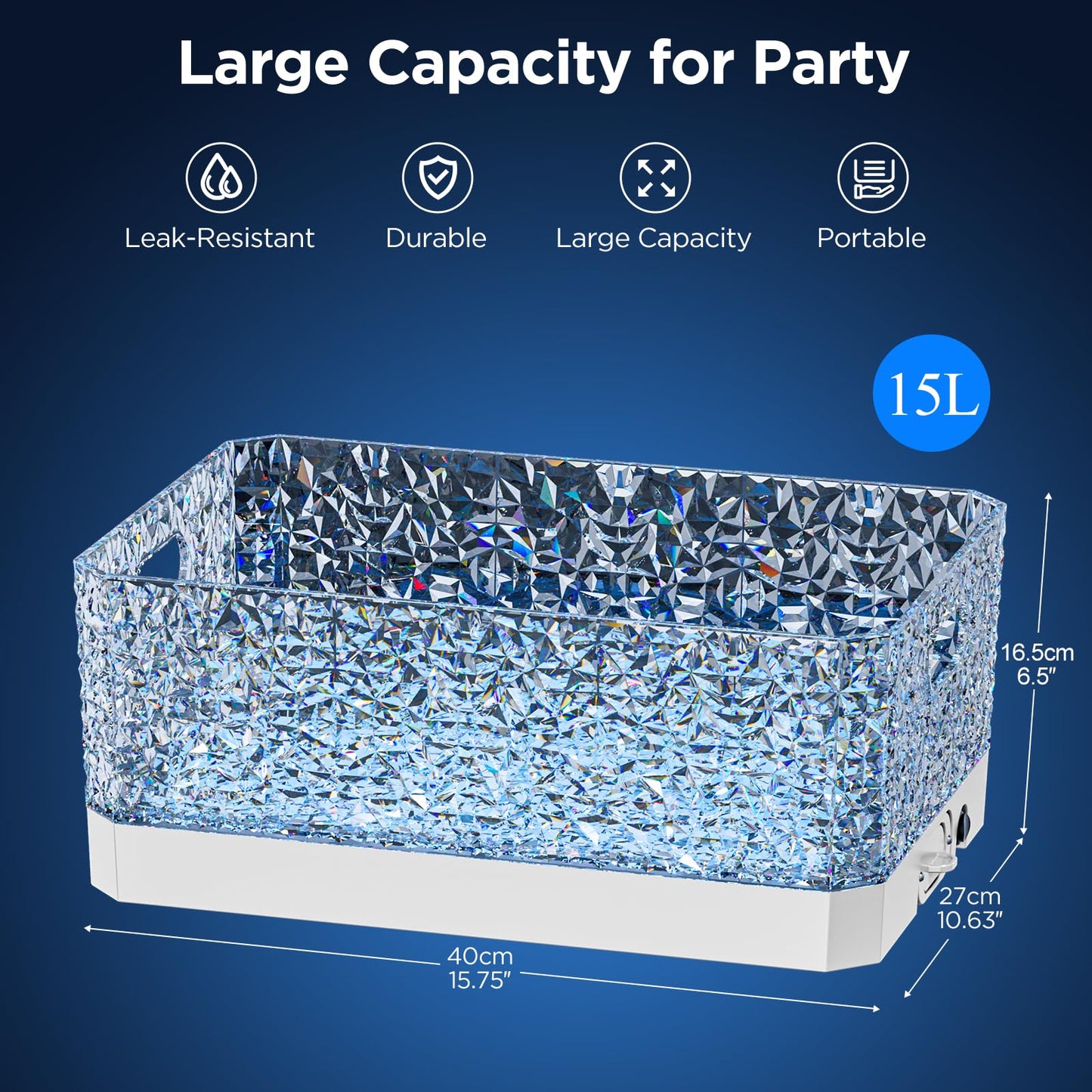 DaJi-U Plastic Ice Bucket for Parties, 15Liter / 4 Gallon Big Large Clear Beverage Tub for Champagne Beer Drink Wine Cocktails Bar, Hosting Party Essentials, LED Light Up, Rectangular, Leakproof