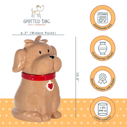 SPOTTED DOG GIFT COMPANY Ceramic Cookie Jar with Lid, Large Dog Treat Jar for Cookies & Biscuits, Cute Novelty Storage Container for Kitchen Counter, Gifts for Dog Lovers - 49oz Brown