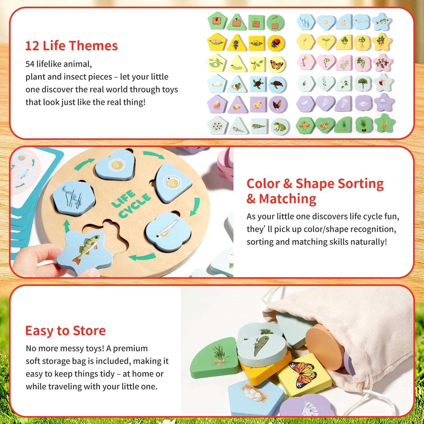 INIFEIDALA Montessori Wooden Preschool Learning Educational Toys Set for Toddlers 3-6,Life Cycle Puzzle, Shape Sorting Matching Game & Ecosystem Science Center – STEM Sensory Gifts for Boys & Girls