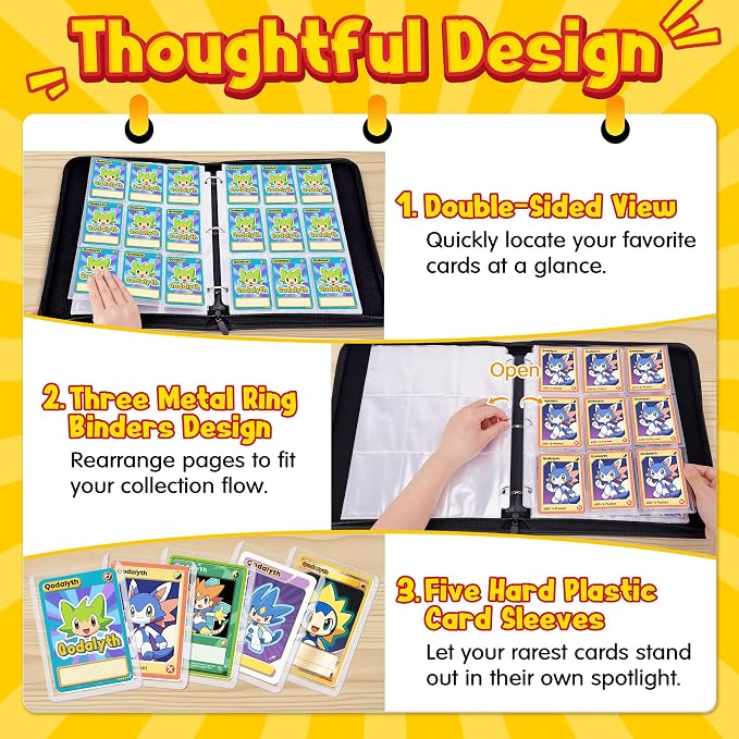 Card Binder – 9 Pocket Zipper Collection Album, Premium PU Holder, Double-Sided Display for 900 Cards, Includes 5 Hard Plastic Sleeves for Game Cards, Sports Cards（Cartoon Stickers）