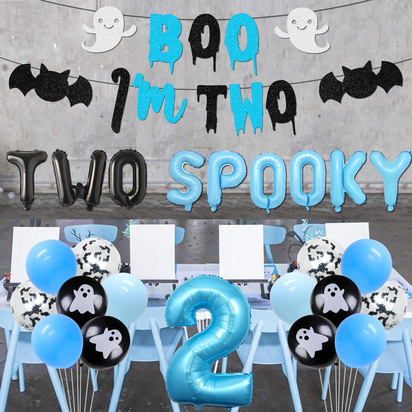 Halloween 2nd Birthday Party Decorations for Boys Blue Two Spooky Birthday Decor Boo I'm Two Banner Happy Boo Day Cake and Cupcake Toppers Ghost Bat Latex Balloon for Boys 2nd Bday Decor Supplies