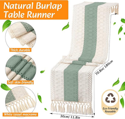 4 Sets Boho Decoration Placemats Round Woven Placemats, Cloth Napkins, Wood Bead Napkin Rings, Long Table Runner and Farmhouse Burlap Cotton for Table Kitchen (Green,12x72)