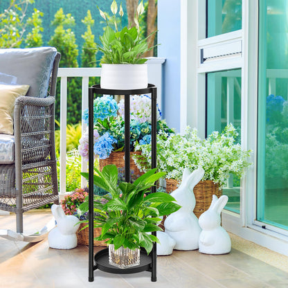 VeyFolzin.st 2 Tier Round Tall Metal Plant Stand indoor outdoor, Rustproof Round Planter Display Storage Rack, Heavy Duty Potted Holder for Home Garden Patio Bathroom Living Room(Black)