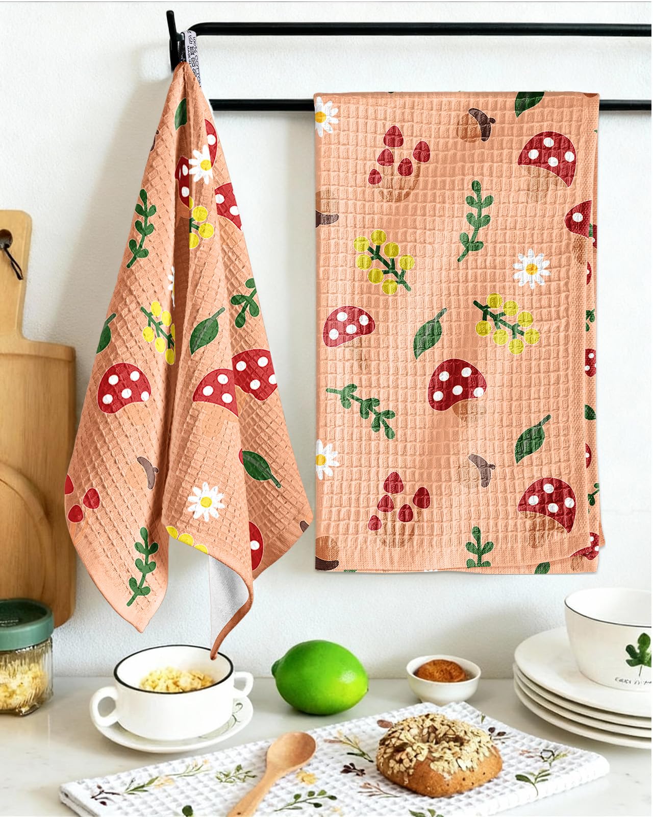 Miss Adola Cotton Waffle Kitchen Towels – Cute 370 GSM 16x25 Inch Terry Cloth Waffle Decorative Dishcloth for Kitchen Set of 2 with Hanging Loop Absorbent Hand Tea Towel for Home Design, Mushroom