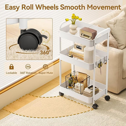 YASONIC 3-Tier Metal Rolling Cart, Sturdy Storage Utility Carts with Wheels, Multifunction Craft Art Organizer for Bedroom, Laundry, Garage, Office, Nursery, Bathroom, Easy Assembly (White)