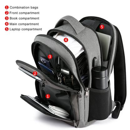 RJEU School Backpack for College Students & Teens - 15.6 Inch Laptop Backpack with USB Charging Port, Ergonomic Shoulder Straps, Water Resistant Travel Bookbag for Men, Women - Grey