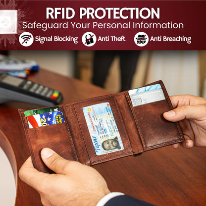BULL GUARD Best Leather Men's RFID Trifold Wallet With ID Great Outdoor Wallet Durable Top Grain Leather Forest Brown, Double Cash Comparment with Secret Pocket, Compact & Secure Design, In Gift Box