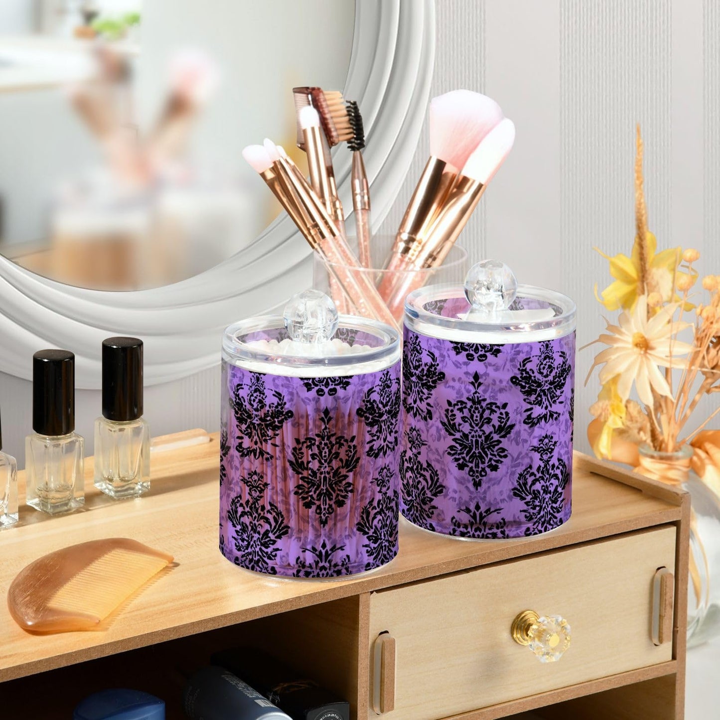 Halloween Purple Haunted Damask Qtip Holder Dispenser Qtip Apothecary Jar Plastic Bathroom Storage Canister 10 Oz for Cotton Ball Swab Round Pads Floss 2pc