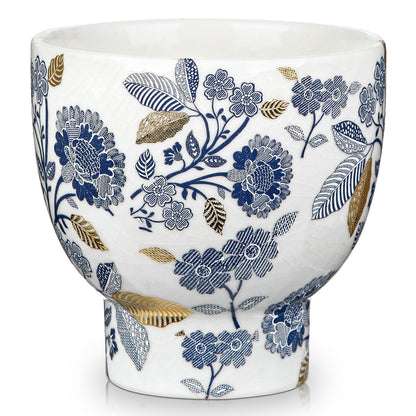 5.5 Inch Decorative Flower Pots, Blue and White Plant Pot Gold Accent Ceramic Planters for Indoor Plants Pots with Drainage Retro Planter Pot for Succulents Cactus Herb Snake Plants Outdoor Garden