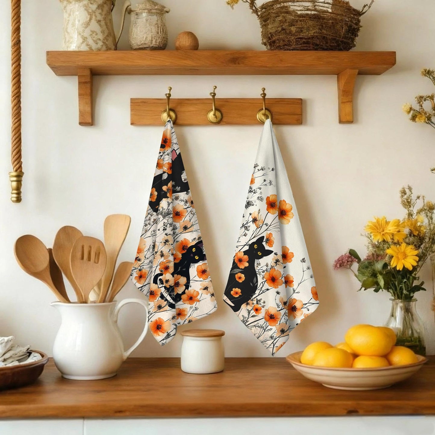 Oblivix Black Cat Dish Towels,Orange Floral Kitchen Towels Decorative Set of 2,Cute Soft Absorbent Reusable Tea Towel & Hand Towel,Black Cats Kitchen Deccor,Cat Lover Gifts for Woemen