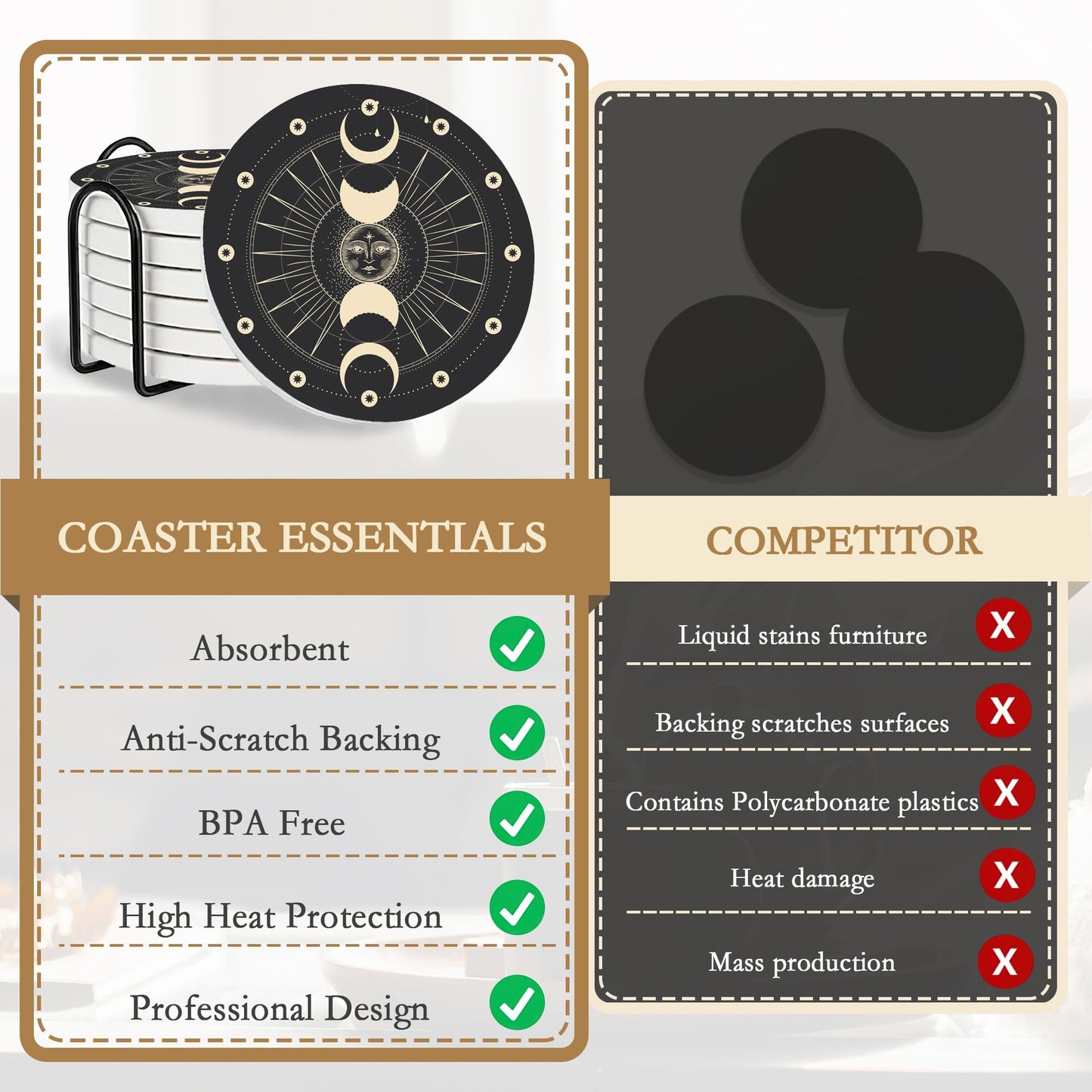 6-Pack Moon Phase Coasters Set with Holder - Absorbent Ceramic Drink Pads, Non-Slip Table Protectors for Coffee & Glasses