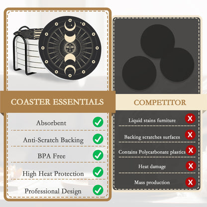 6-Pack Moon Phase Coasters Set with Holder - Absorbent Ceramic Drink Pads, Non-Slip Table Protectors for Coffee & Glasses