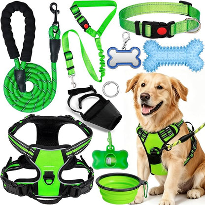 No Pull Dog Harness Adjustable Collar & Leash Set - Dog Halter Harnesses Collapsible Bowls & Poop Bag Dispenser Muzzle ID Tags Toys Fits Small Medium Large Dogs (Green-L)