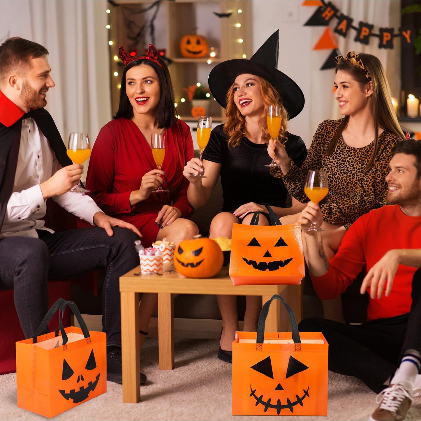 Lincia 24 Pcs Halloween Non Woven Pumpkin Bag 12.6 x 9.8 Inch Reusable Trick or Treat Gift Candy Goodie Handles Bag for Halloween Birthday Party Favors Classroom