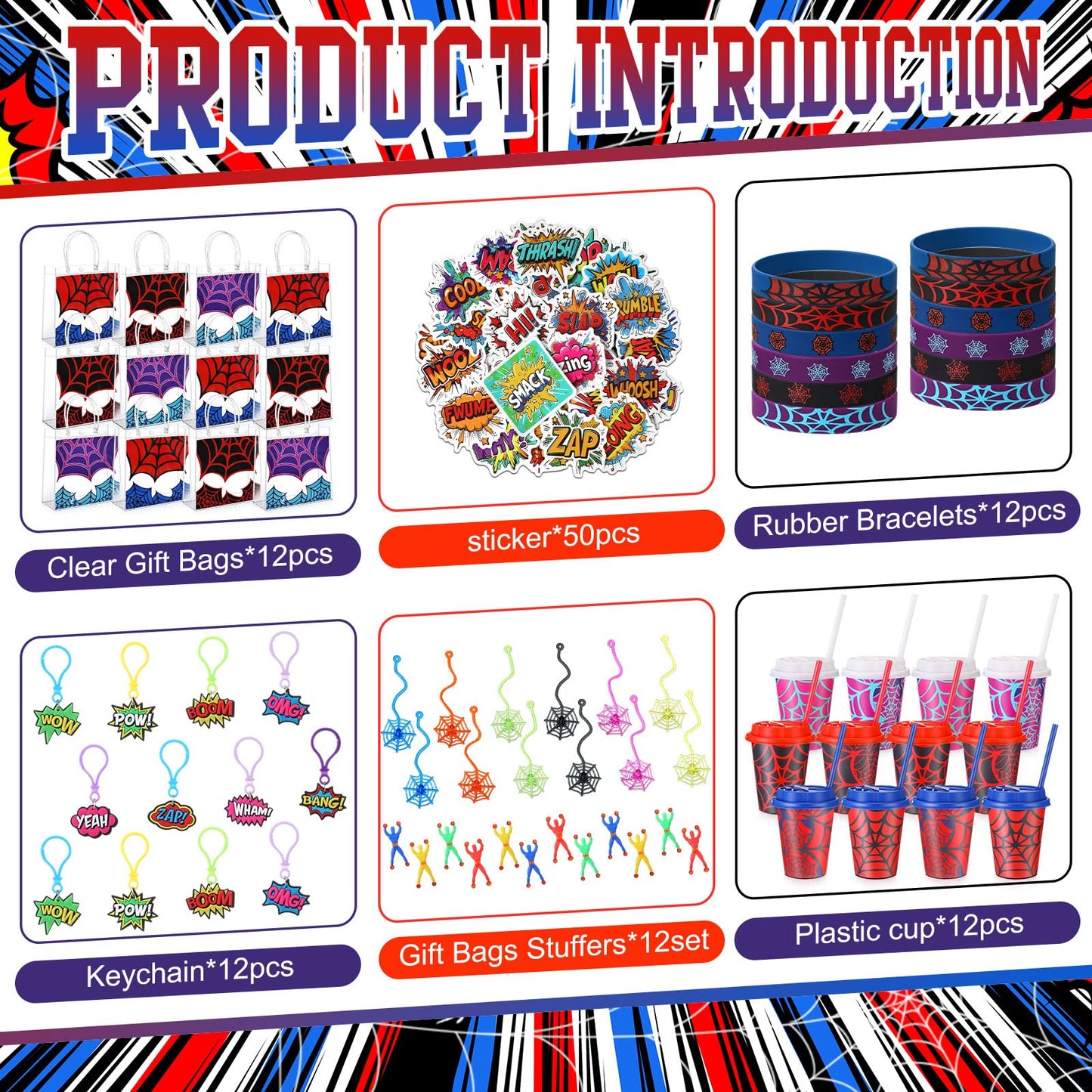 Lzuhoa 122 Pcs Spider Party Favors Birthday Decorations Includes 12 Spider Goodie Bags 12 Party Cups with Lids and Straws, 12 Keychains, 12 Bracelets, 50 Stickers, 24 Spider Goodie Bags Stuffers