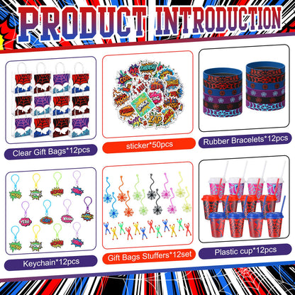 Lzuhoa 122 Pcs Spider Party Favors Birthday Decorations Includes 12 Spider Goodie Bags 12 Party Cups with Lids and Straws, 12 Keychains, 12 Bracelets, 50 Stickers, 24 Spider Goodie Bags Stuffers
