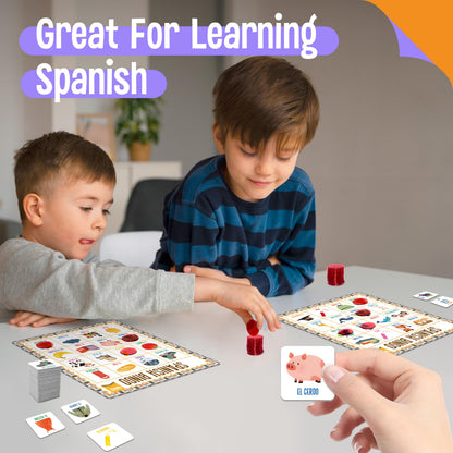 SpriteGru Spanish Bingo Game, 12 Vocabulary Bingo Board Game Bilingual Word Learning Educational Toys for Words Learning - Ages 5 and up (Up to 12 Players)