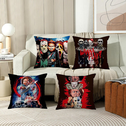 Generic Set of 4 Linen Throw Pillow Covers Halloween Pillow Case Horror Movie Character Halloween Pillow Covers Funny Holiday Home Decoration for Sofa Couch Bed Living Room Car Bedroom Bar Cafes