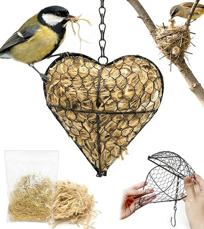Bird Nesting Heart with Natural Nesting Fibers, Refillable Bird Nesting Material Holder for Hummingbirds, Outdoor Garden Art Decor Gift for Bird Lovers
