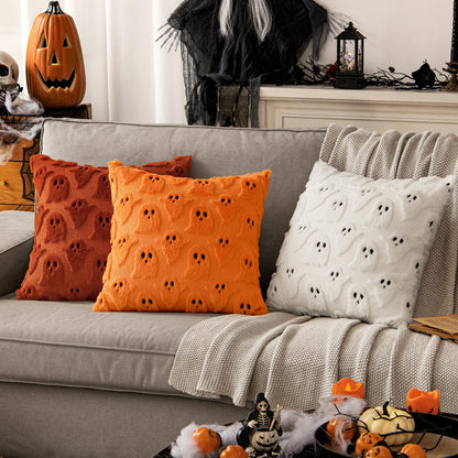 MIULEE Halloween Pillow Covers Cute Ghost Spooky Throw Pillows Set of 2 Soft Plush Faux Fur Fall Decorative Cushion Covers for Couch Sofa Bed Porch Living Room Autumn Decor 18x18 inch Orange