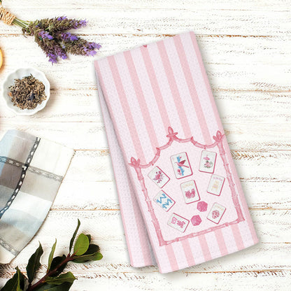 MOLYUB Pink Chinoiserie Stripe Mahjong Tile Kitchen Towels,Gifts for Mahjong Lovers,Mah Jong Decorative Waffle Hand Dish Towels,Chinoiserie Mah Jong Gifts for Women Men,16x24 Inches
