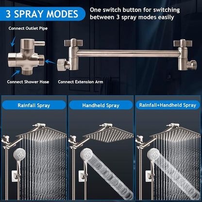 Shower Head Combo(Brushed Nickel),10'' High Pressure Rain Shower Head with 11'' Adjustable Extension Arm and 5 Settings Handheld,Powerful Shower Spray Against Low Pressure Water
