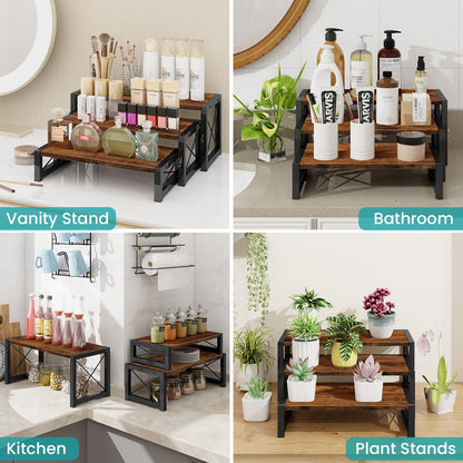 ELITEROO 3 Tier Cupcake Stand & Wood Display Risers, Dessert Stands for Cup Cake or Food, Riser Display Stand for Perfume Collectibles, Tiered Shelf Organizer for Market Retail Vendors, Rustic Brown