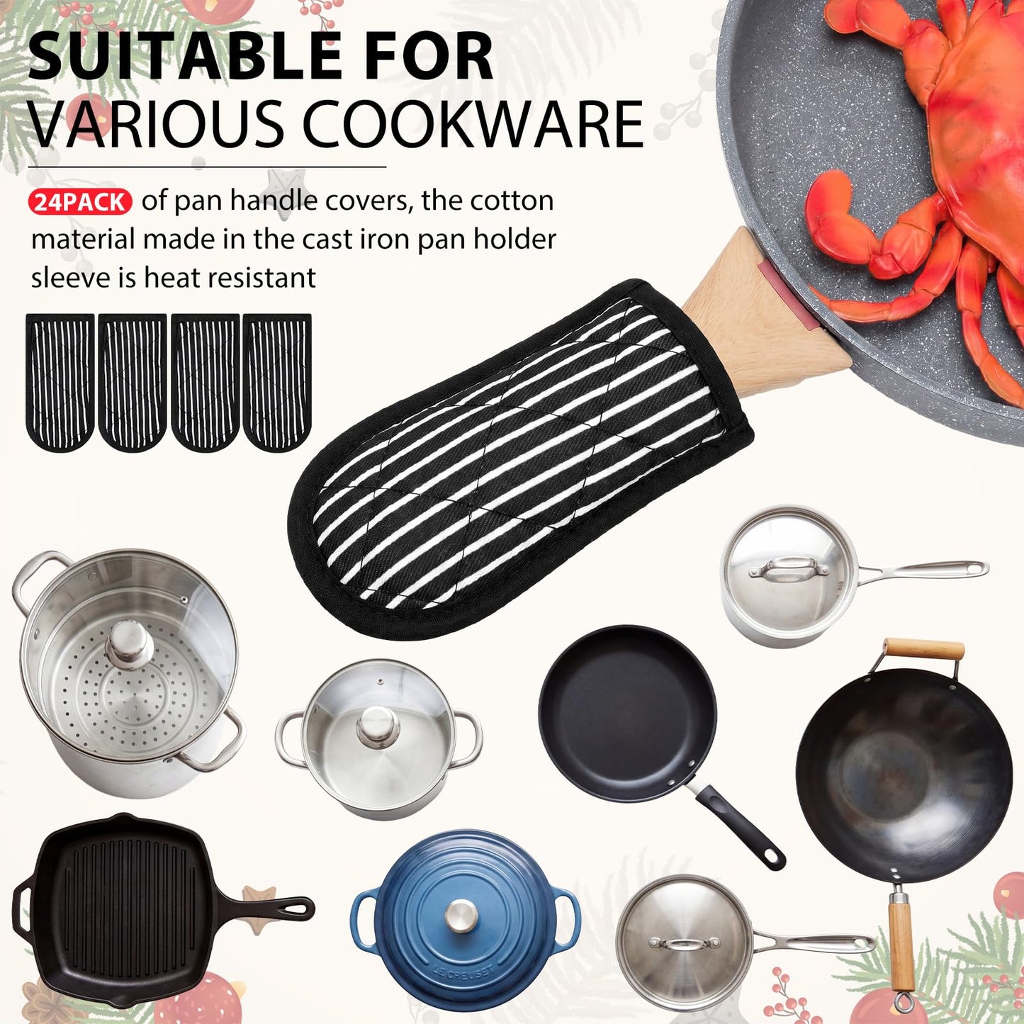 Dandat 24 Set Hot Handle Covers for Daily Replace Use Gift Pan Handle Sleeve Cover Heat Resistant Cast Iron Holder Sleeve Washable Handgrip Mitts for Christmas Kitchen BBQ Baking Cookware(Stripe)