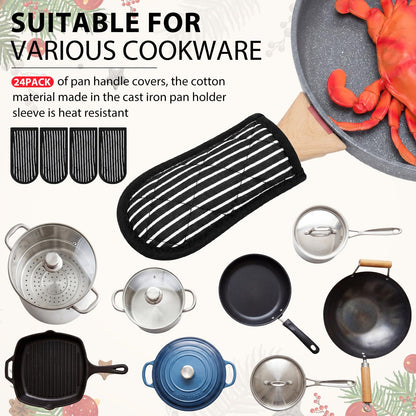 Dandat 24 Set Hot Handle Covers for Daily Replace Use Gift Pan Handle Sleeve Cover Heat Resistant Cast Iron Holder Sleeve Washable Handgrip Mitts for Christmas Kitchen BBQ Baking Cookware(Stripe)