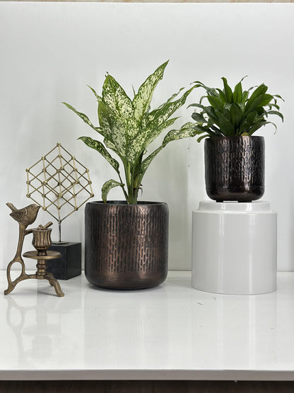 Set of 2 Antique Copper Handmade Metal Planters – Textured Grooved Design with Anti-Scratch Pads – Indoor Decorative Flower Pots with a Medieval Look – 7x7" and 5x5" Height Rustic Artisan Planter Set