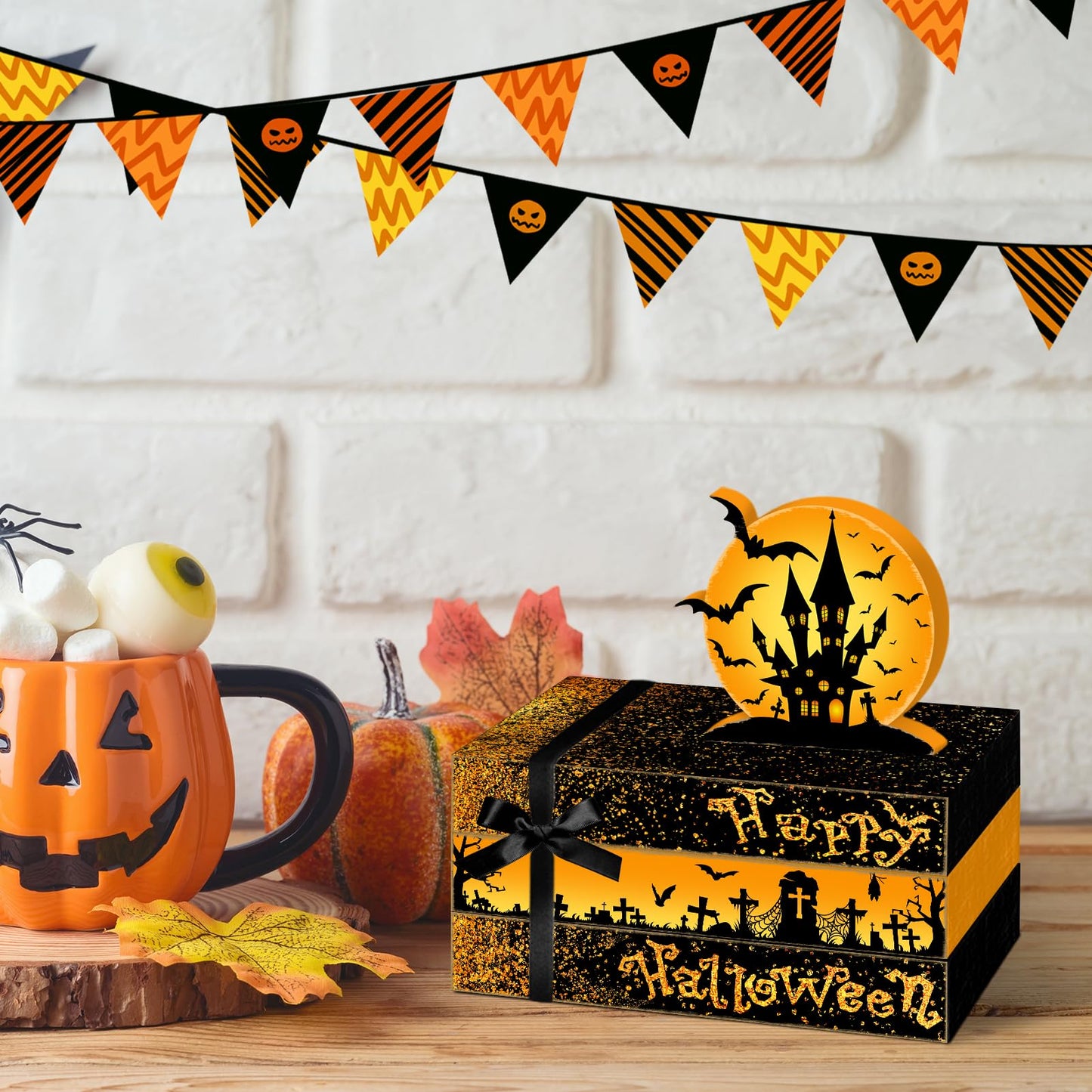 Culudea 4 Pcs Halloween Decorations for Home Castle Table Decor Halloween Bat Wooden Faux Book Stack Sign Tiered Tray Decor Spooky Centerpiece for Home Shelf Mantel Entryway Office Party