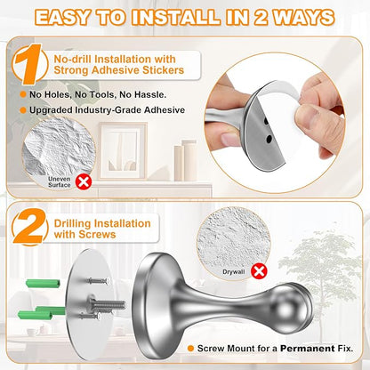 Crosize Magnetic Door Stoppers 2 Pack, Stainless Steel Door Stops for Wall and Floor Mounting, Door Holder Keep Door Open, No Drilling Door Stop with Adhesive Tapes, Silver
