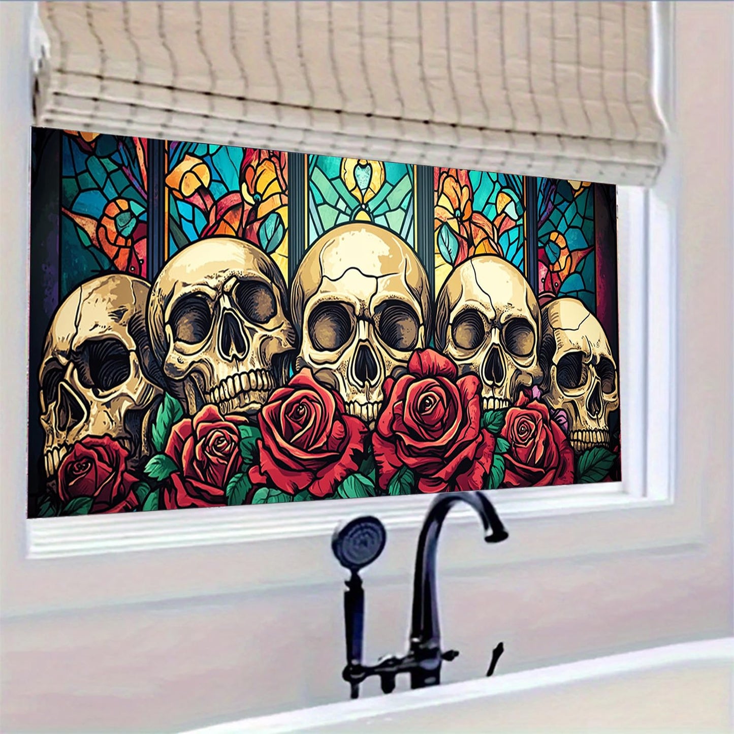 HOMETITUTE Skull Window Film 39.3x17.7 Inch Gothic Skull Window Sticker Halloween Skull Decoration Rose Windows Cling for Haunted House Day of The Dead Horror Windows Glass Cover