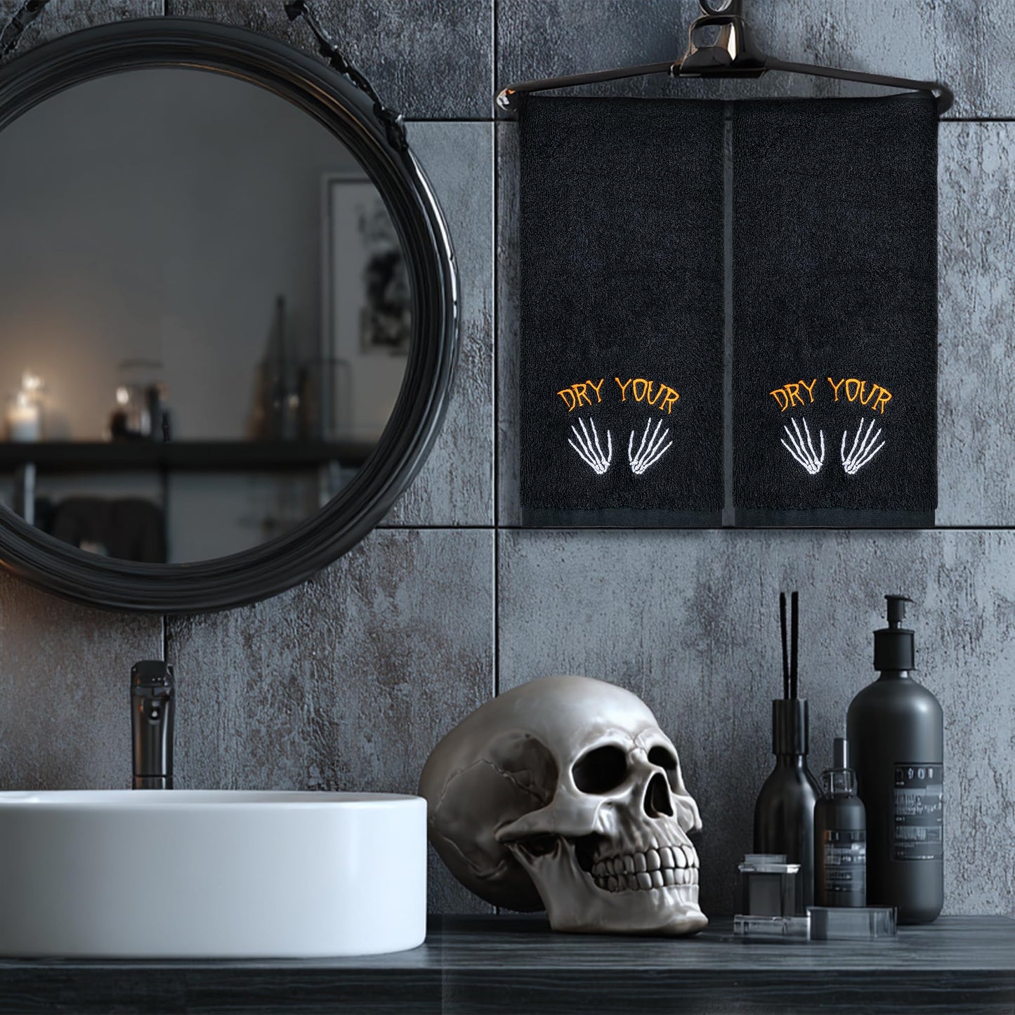 EraGleeVibe 2 Pcs Halloween Gothic Skull Skeleton Embroidered Hand Towels Black Dry Your Hands Cotton Towel for Bathroom Home Kithcen Skeleton Bathroom Towels Gift 13.4 x 29.5 Inch