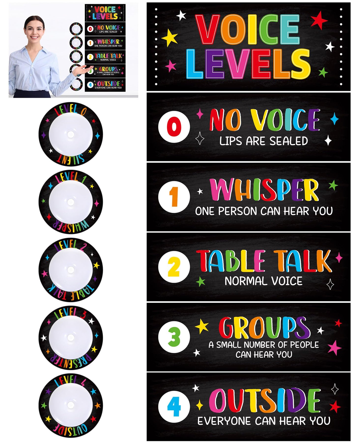 5 Pcs School Push Light and Voice Level Poster Voice Level Chart Monitor Rules Sign LED Tap Light Classroom Rules Poster Noise Chart Classroom Management Tools for Teachers（Colorful chalkboard Style）