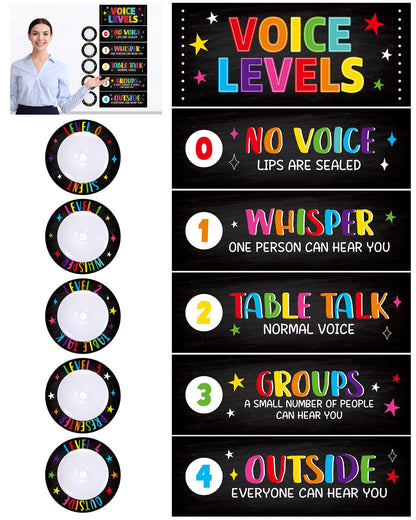 5 Pcs School Push Light and Voice Level Poster Voice Level Chart Monitor Rules Sign LED Tap Light Classroom Rules Poster Noise Chart Classroom Management Tools for Teachers（Colorful chalkboard Style）