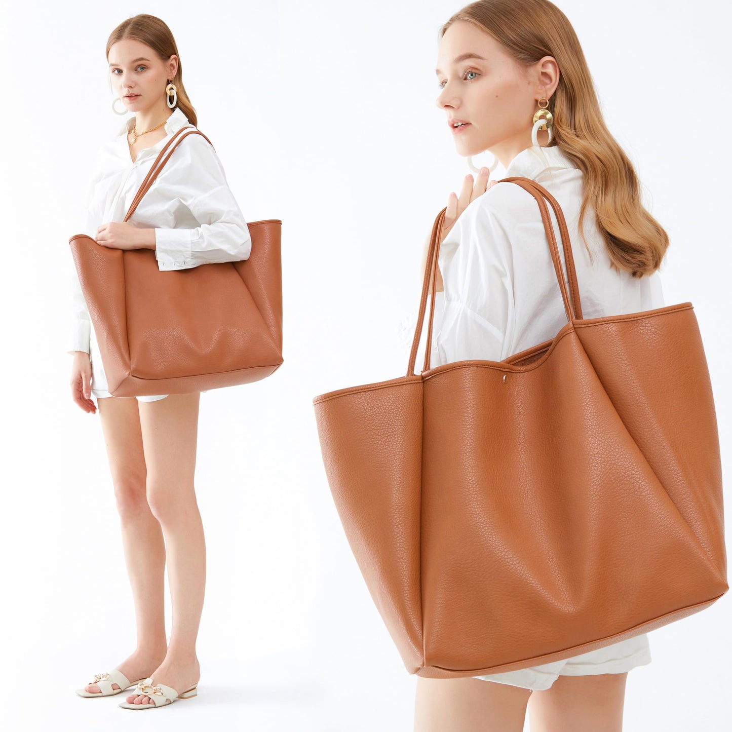 HOXIS Oversize Pu Leather Tote Women Weekender Bag Shopper Handbag Travel Purse (Orange-brown)