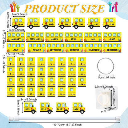 Containlol School Bus Calendar Bulletin Board Set Flip Calendar for Classroom Teacher Adjustable with 54 Yellow Week Month Day Year Cards Rod O-ring for Back to School First Day Elementary Wall