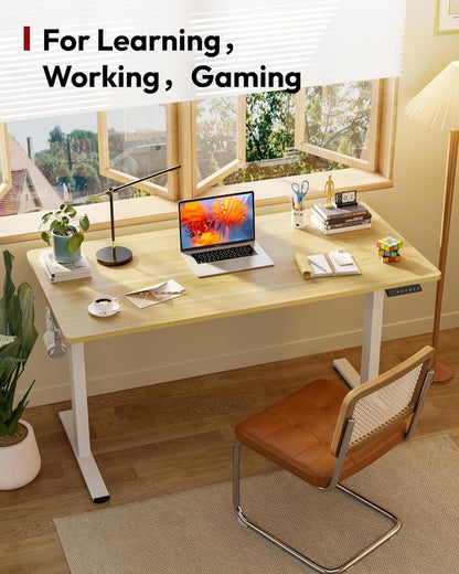 SANODESK Electric Standing Desk 55 x 28 Inches Whole-Piece Desktop Height Adjustable Stand Up Desk w/6-Button Controller Ergonomic Computer Desk for Home Office, White Frame + Natural Tabletop