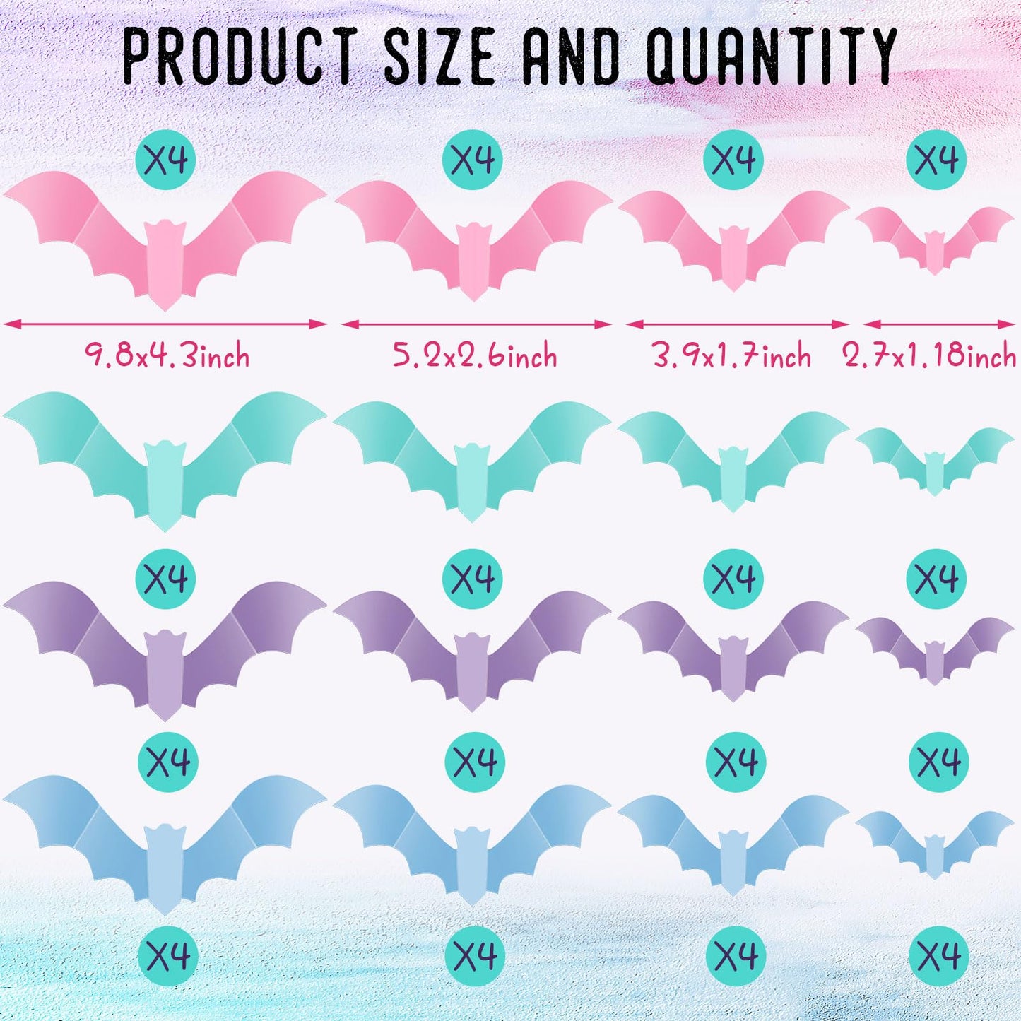 TaoBary 64 Pcs Pastel Halloween 3D Bats Wall Decor 4 Different Sizes Pastel Reusable PVC Scary Bat Stickers for Home Door Window Party Decorations