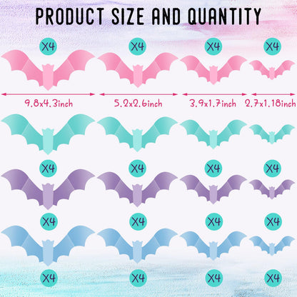 TaoBary 64 Pcs Pastel Halloween 3D Bats Wall Decor 4 Different Sizes Pastel Reusable PVC Scary Bat Stickers for Home Door Window Party Decorations