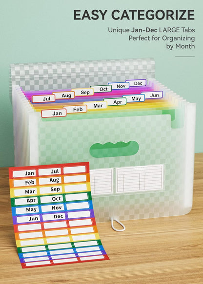 ABC life 12 Pockets Accordion File Organizer Expanding File Folders, Portable Monthly Bill Receipt Document Organizer, Expandable Accordian Filing Folder Letter A4 Size, Colored Tabs (Green)