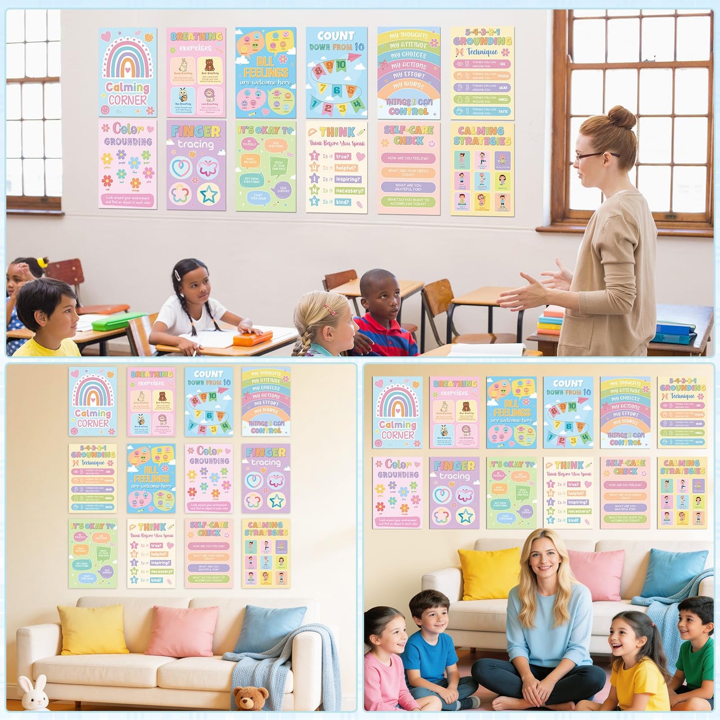 12Pcs Calming Corner Posters for Classroom Calm Down Pastel Emotions Feeling Poster for Kids Inspirational Back to School Wall Decor Motivational Mental Health Posters for Office Home Teacher Supplies