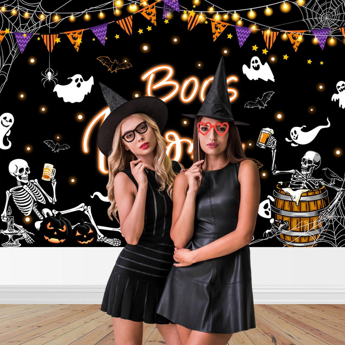 Mocsicka Halloween Boos and Booze Backdrop Skeleton Halloween Banner for Adult Cocktails Party Background for Photography Ghost Spooky Party Supplies (Black, 7x5ft(82"x60"))