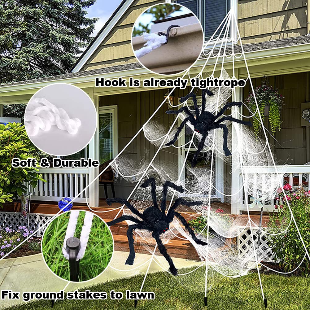Giant Hairy Spider with Triangle Huge Spider Web for Indoor Outdoor Halloween Decoration Yard Lawn Home Party Haunted House Decor
