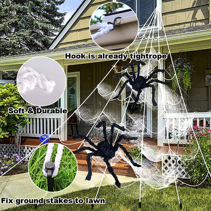Giant Hairy Spider with Triangle Huge Spider Web for Indoor Outdoor Halloween Decoration Yard Lawn Home Party Haunted House Decor