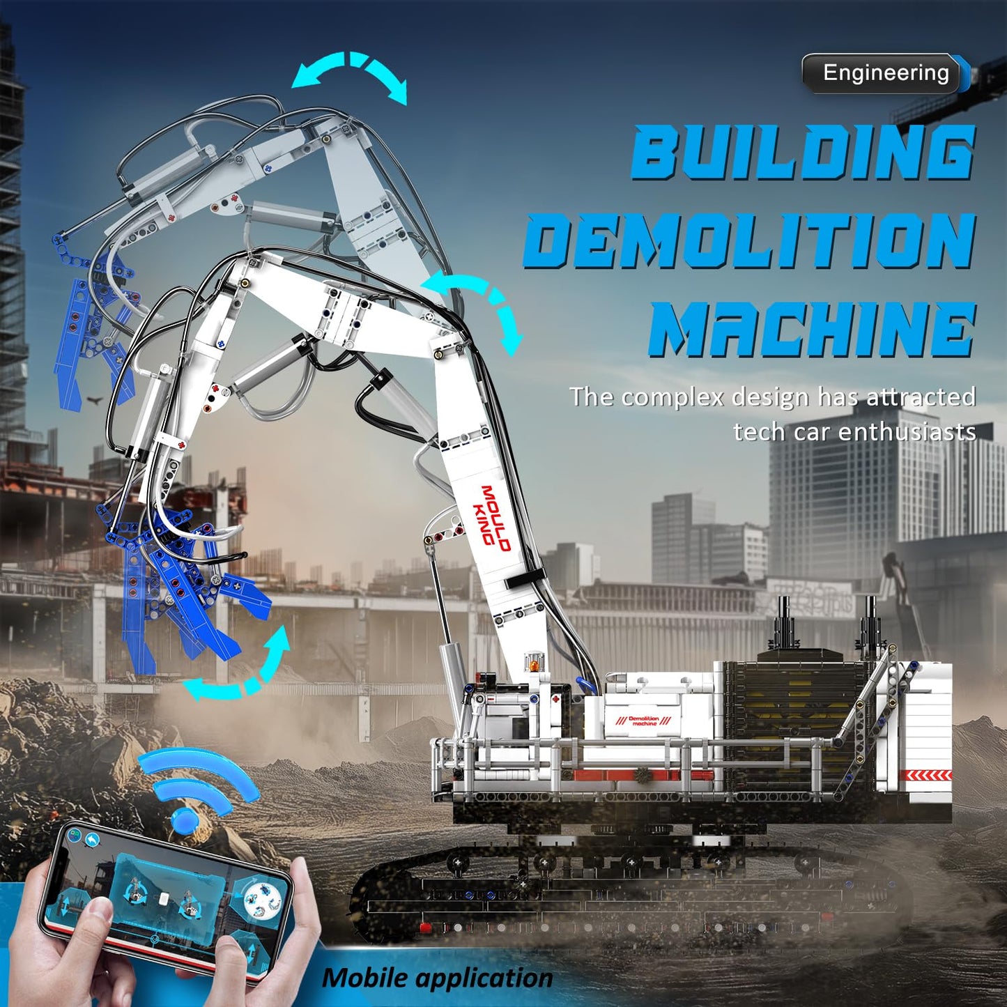 Mould King Mobile Demolition Crane Construction Set, APP Control Motorized Excavator Truck Building Blocks Kit, DIY Assembly STEM Car Toys for Adults - Perfect for Creative Play and Learning (4195+)