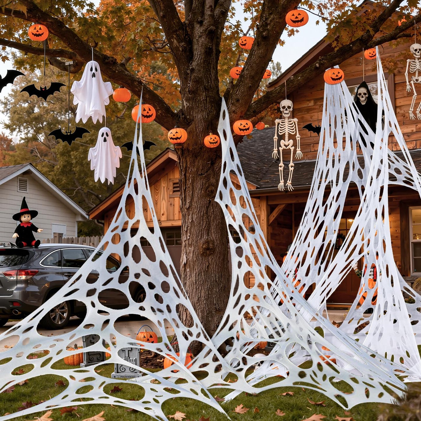 ComfyKit 820 Sqft Halloween Giant Spider Web Decorations Outdoor,Stretchy Beef Netting,Cut-Your-Own Beef Cloth Spider Web for Halloween Indoor Outdoor Decor