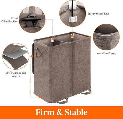 Lifewit Double Laundry Hamper with Lid and Removable Laundry Bags, Large Collapsible 2 Dividers Dirty Clothes Basket with Handles for Bedroom Laundry Room Closet Bathroom College, 136L Brown