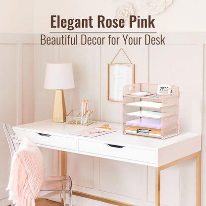 2 Pack 5-Tier Pink Desk Organizer with Handle Mesh Desk File/Paper Organizer Letter Tray for Office, School, Classroom and Home Easy Installation